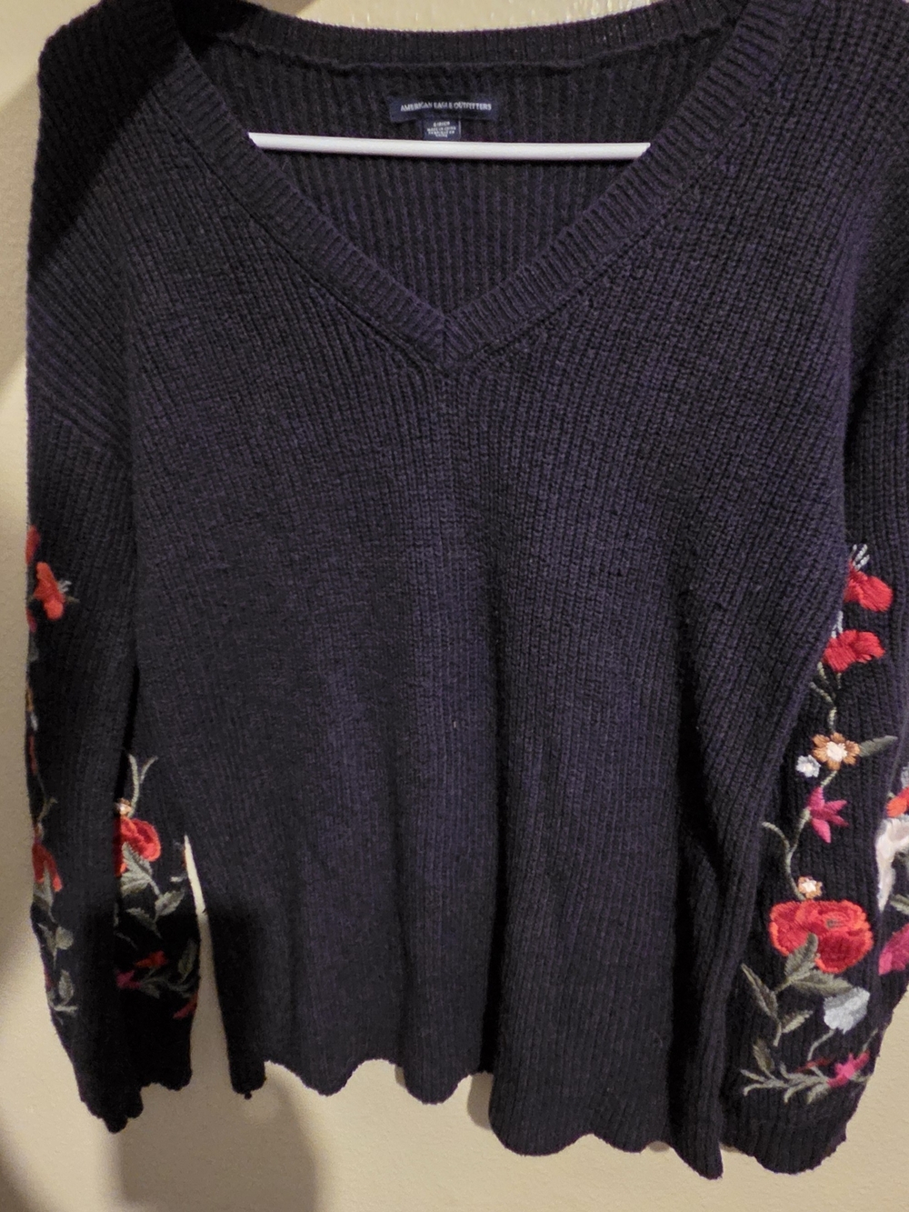 American Eagle Outfitters Navy V-Neck Sweater with Floral Sleeve Embroidery